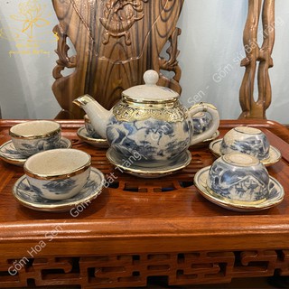 [Bát Tràng]  Bộ Ấm Chén Dáng Quả Hồng Men Rạn Giả Cổ Bọc Đồng