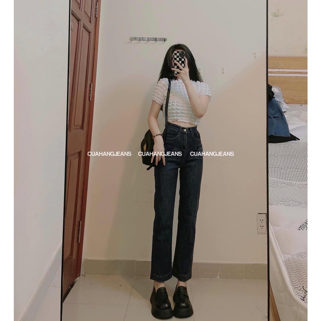 Quần Jean Nữ Ống Đứng Lưng Cao Lai Gập CiCi, Quần Bò Ống Đứng Gập Gấu To 3cm Co Giãn