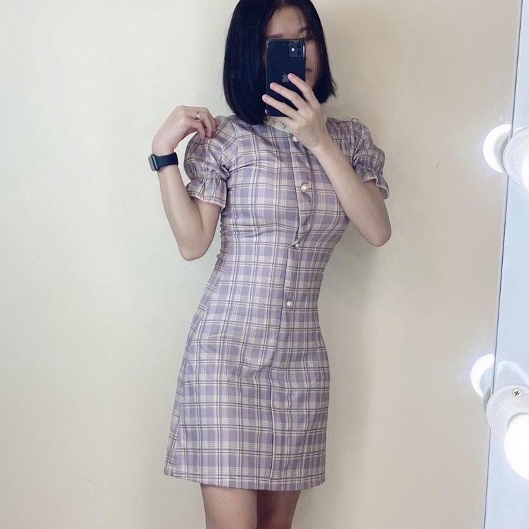 Đầm ôm body dự tiệc sang chảnh, đầm caro cổ ren nút ngọc, váy đầm xinh