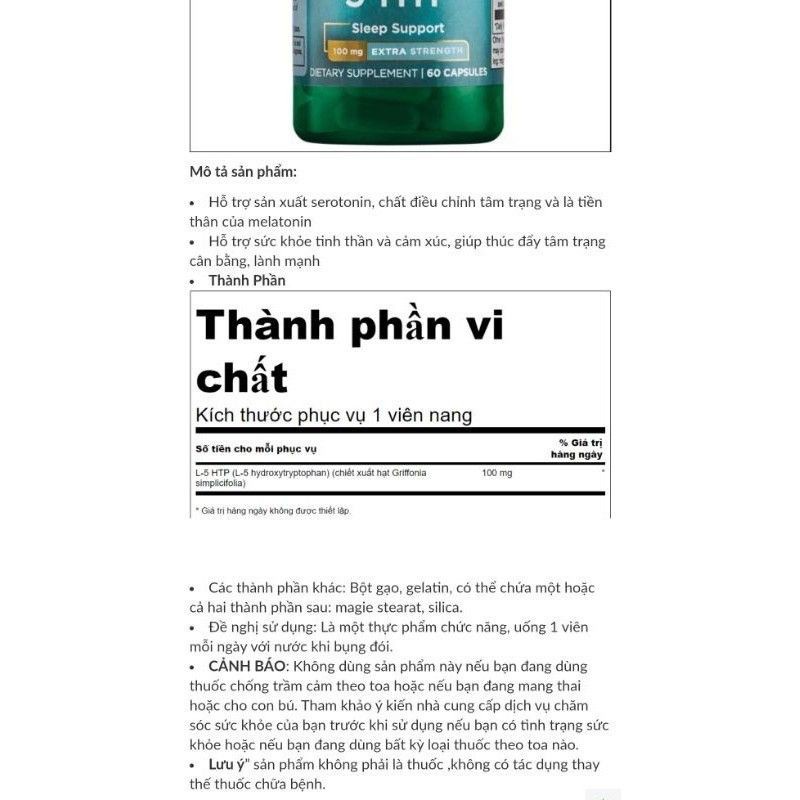 Swanson 5-HTP 100mg Thúc đẩy tâm trạng cân bằng và tích cực CHÍNH HÃNG