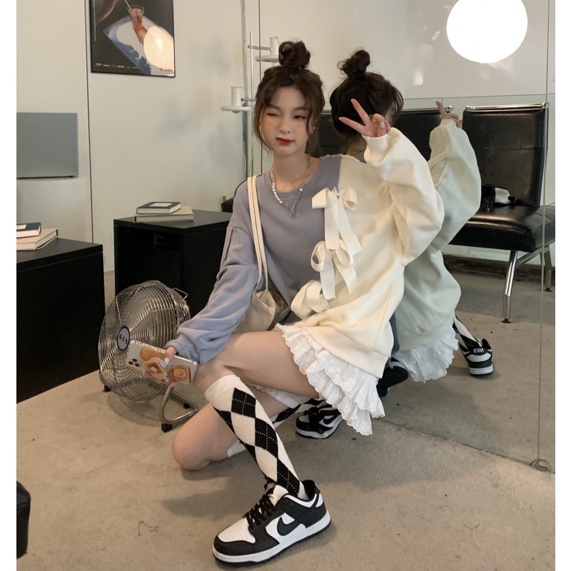 ZHELIHANGFEI Áo Sweater Tay Dài Dáng Rộng Đính Nơ Xinh Xắn Dễ Phối Đồ