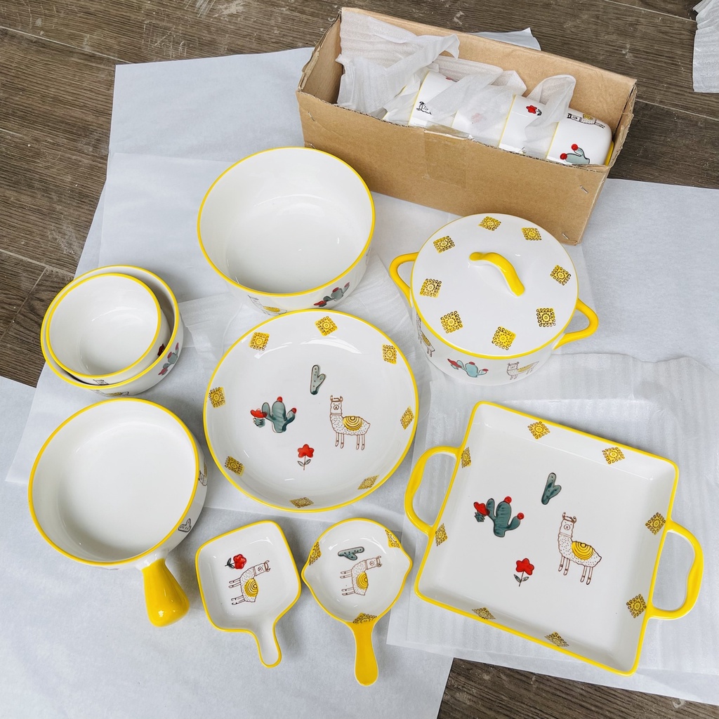 Bộ bát đĩa sứ decor lạc đà vàng cực xinh, bộ bát đĩa sứ hàng nội địa Trung loại 1