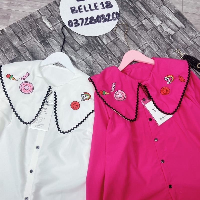 Áo sơ mi cổ viền bèo thêu hình Áo sơ mi trắng hồng dáng babydoll chất thô lụa