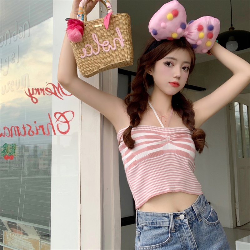 Cocory vn Áo Dệt Kim Hai Dây Dáng Ôm Họa Tiết Kẻ Sọc Thời Trang Quyến Rũ Cho Nữ