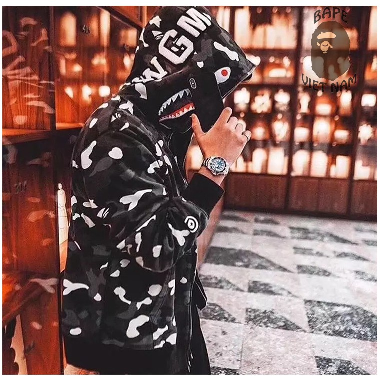 Jacket Bape Shark fullzip Camo Black, Camo White Phát quang trong tối , Áo Hoodie Bape Cá Ngáo