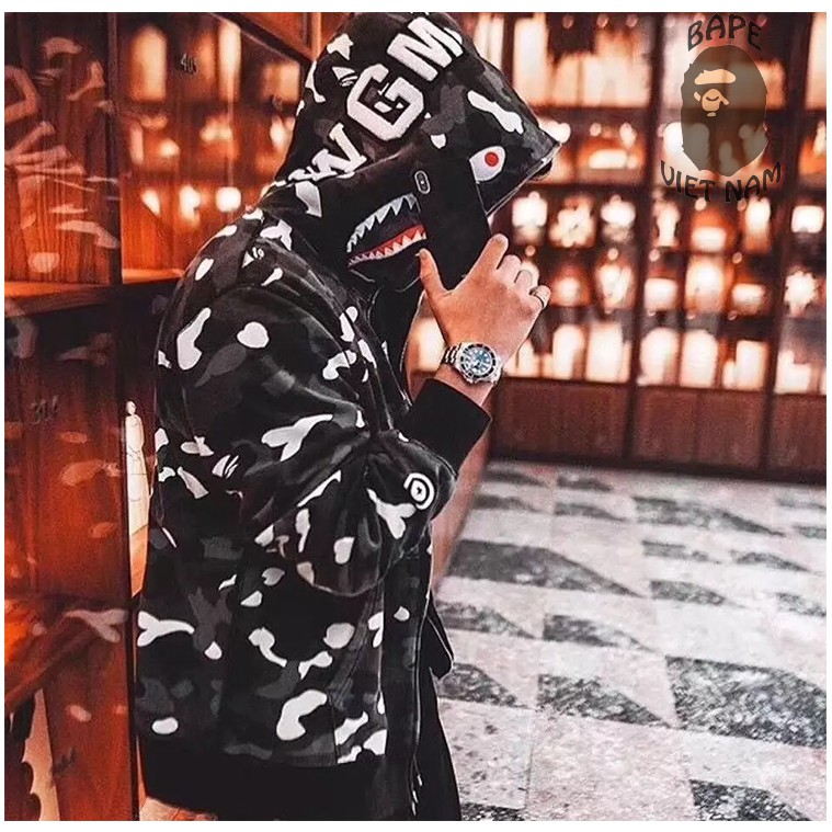 [Ảnh thật + FREESHIP] Jacket Bape Shark fullzip Camo Black, Camo White Phát quang trong tối , Áo Hoodie Bape Cá Ngáo