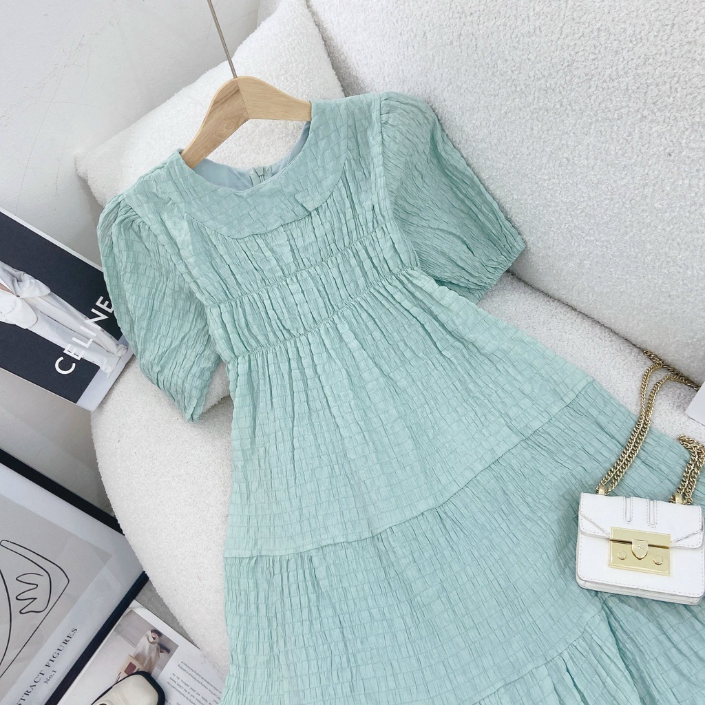 Đầm MIDI Xanh 💖DEMISS💖 Váy MIDI Xanh  Xốp Nhún Cổ Tròn Tay Bồng Ngọt Ngào - V-XANH-70