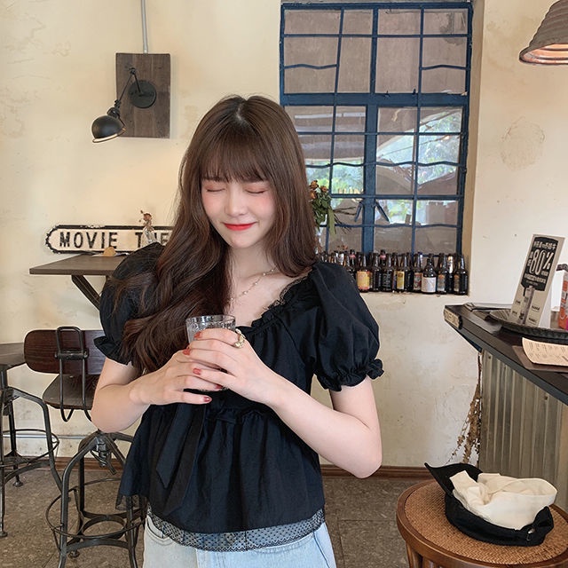 Áo kiểu tay phồng cổ vuông phối ren lưới phong cách dành cho nữ