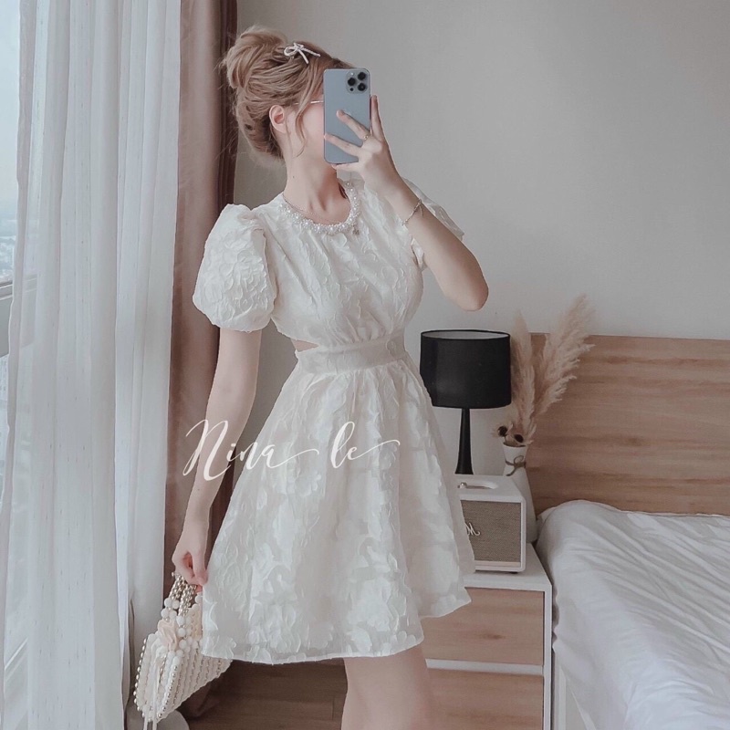 Đầm Hở Lưng Xoè Ngắn JARI-CLOTHES Cổ Hạt Xinh Nơ Dễ Thương Tay Ngắn
