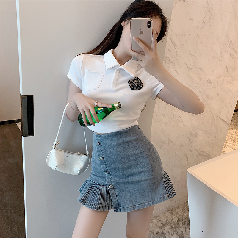 DUNEA Chân Váy Denim Lưng Cao Phối Nút Thiết Kế Xếp Ly Nữ Tính