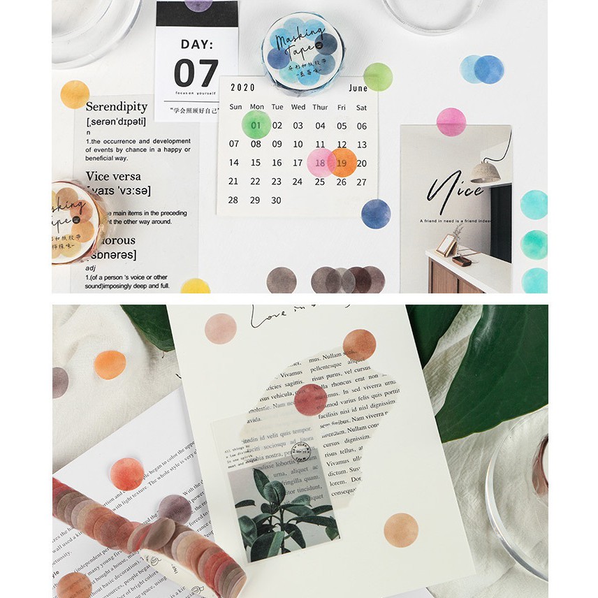 Băng dính tròn màu nước xinh xắn WT107 Gachini