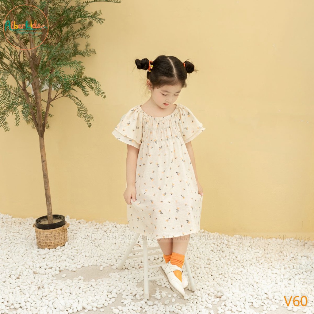 Váy bé gái ALBERKIDS chun ngực họa tiết hoa cam tay cánh tiên xinh đẹp cho trẻ em 2,3,4,5,6,7,8,9,10,11,12 tuổi[V60]