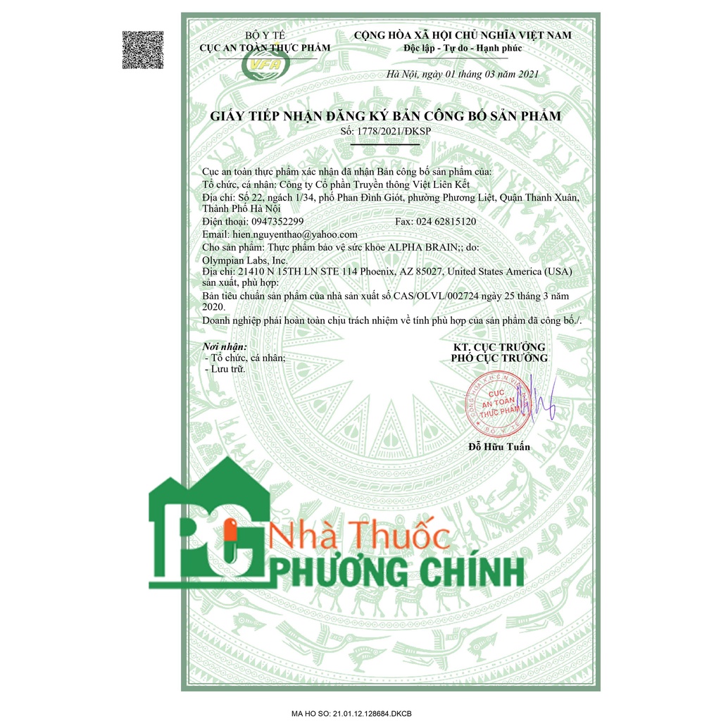 Viên Uống Bổ Não Alpha Brain Olympian Labs - Bổ Sung Ginkgo Biloba Tăng Tuần Hoàn Máu Não, Cải Thiện Trí Nhớ