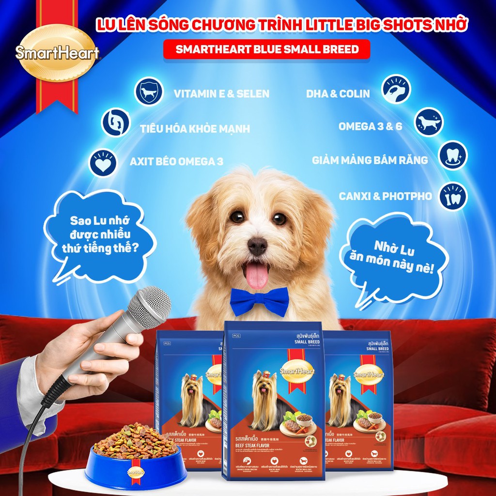 Hạt cho chó Smart heart vị bò 1,5kg 3kg thức ăn giống cho nhỏ poodle pug phốc corgi chihuahua bull