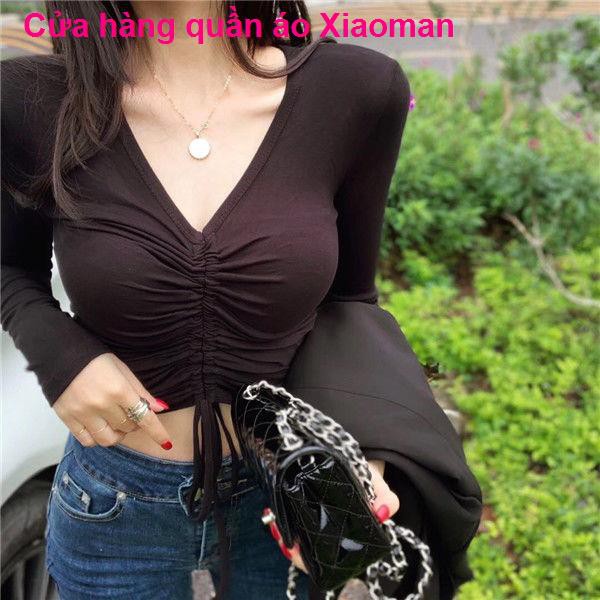 Cotton Women s đáy áo nhỏ mùa xuân và thu mới cổ chữ v cao eo ngắn cắt rốn bó sát gợi cảm thun dài tay mỏng manh