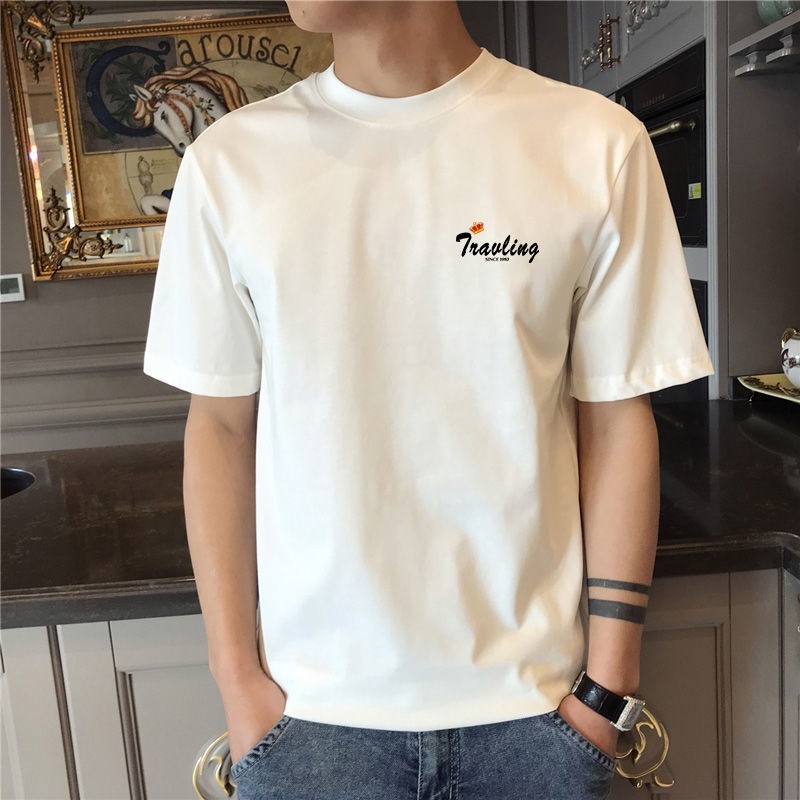 Áo thun tay ngắn cổ tròn in chữ màu trắng đen kiểu mùa hè cho nam