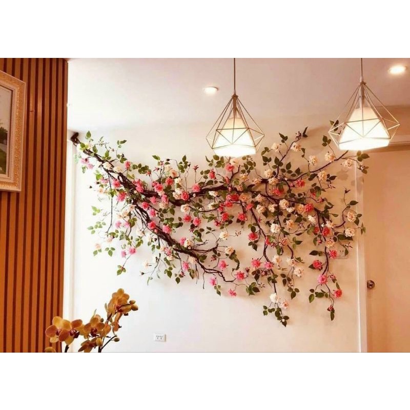 Hoa Giả Treo tường Dây Hồng Leo giả dài 1,7m dây hồng cổ với bông hồng xoăn trang trí decor