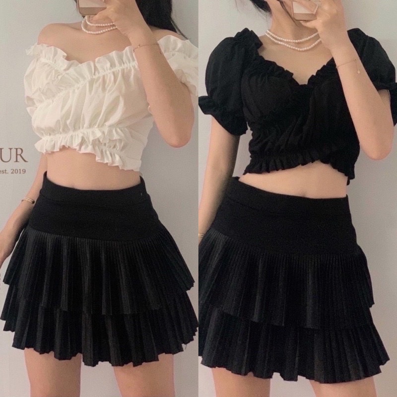 Áo croptop bèo cổ V đắp chéo tay phồng Buộc Nơ Eo Áo kiểu tay phồng cột nơ eo mặc đi biển đi chơi