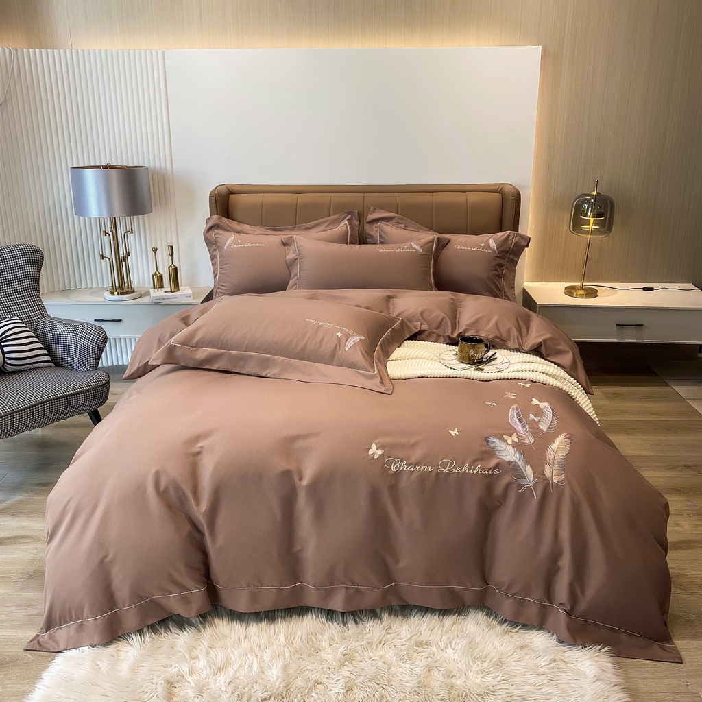 Bộ chăn ga gối Cotton 100% họa tiết thêu lông vũ sang trọng, chất liệu nhập khẩu cao cấp mềm mịn thoáng mát - Bông.Decor