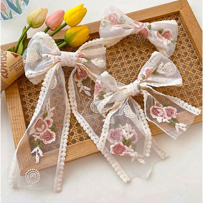 Dây cột tóc đính nơ tiểu thư Hàn Quốc thời trang xinh xắn - Chất liệu ren thuê hoa cao cấp, thu hút
