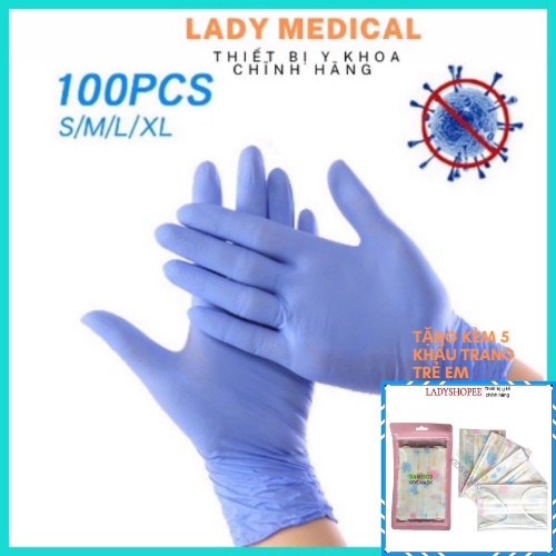 Găng tay y tế Nitrile không bột MAZA hộp 50 cái màu xanh - tặng khẩu trang trẻ em - Lady Medical