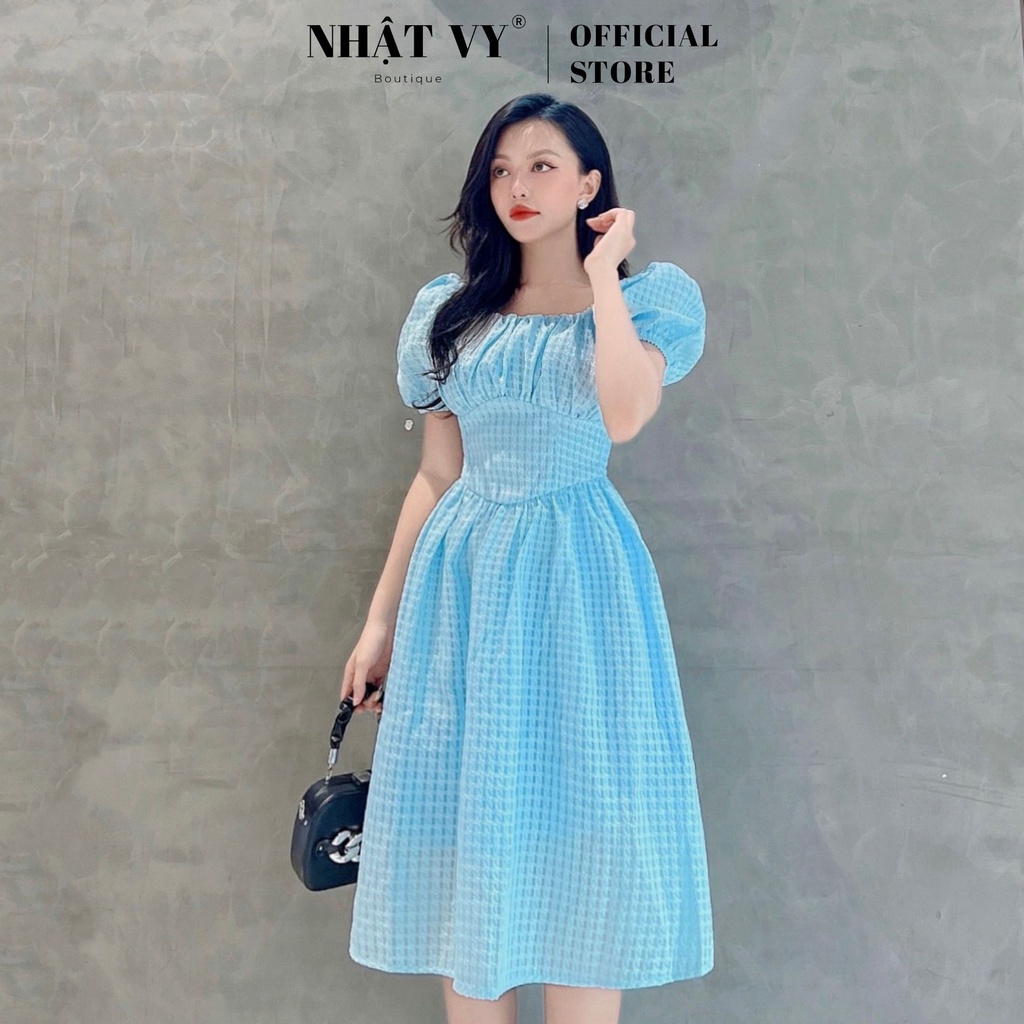 Đầm dự tiệc Nhật Vy cổ vuông nhún ngực tay phồng bo thun chất xốp ô dáng xoè phù hợp dạo phố , cafe sang chảnh - D2461