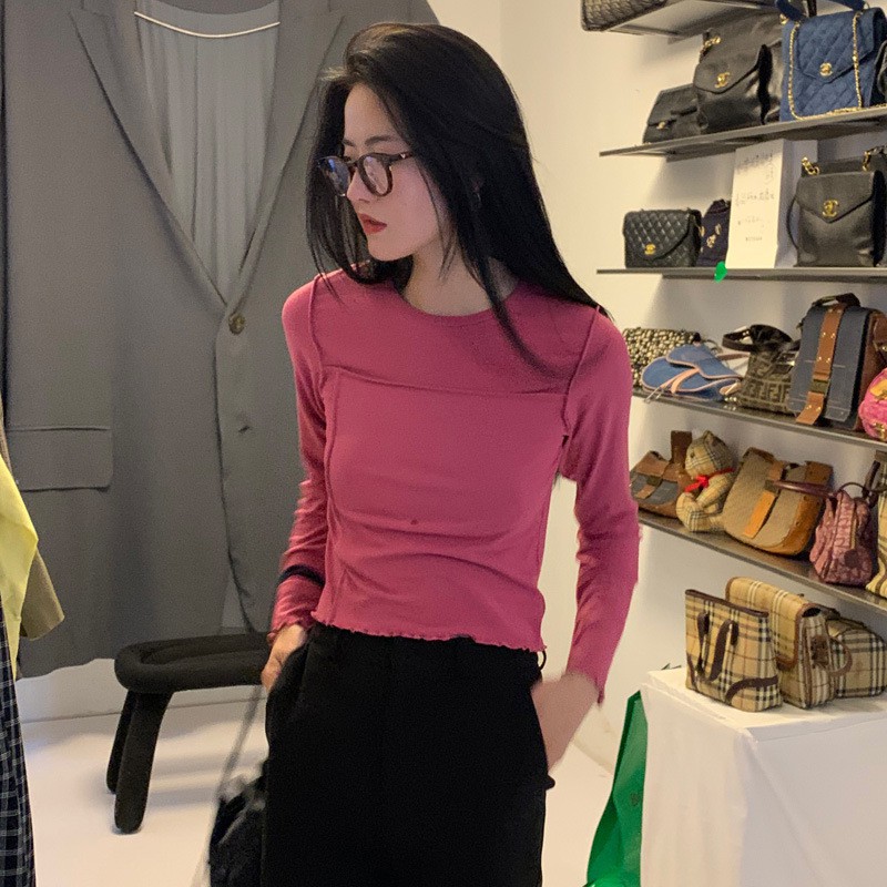 Áo thun Lửng kiểu nữ Áo Phông nữ Kiểu Croptop Dài tay Màu trơn Cổ trong Ulzzang áo phông nữ kiểu