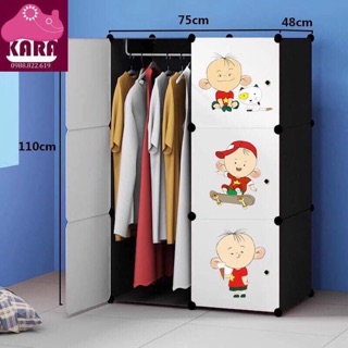 ⚡️Tủ nhựa quần áo lắp ghép 6 ô sâu 47cm( thân đen cửa cậu bé VN). Tặng kèm móc treo đồ.