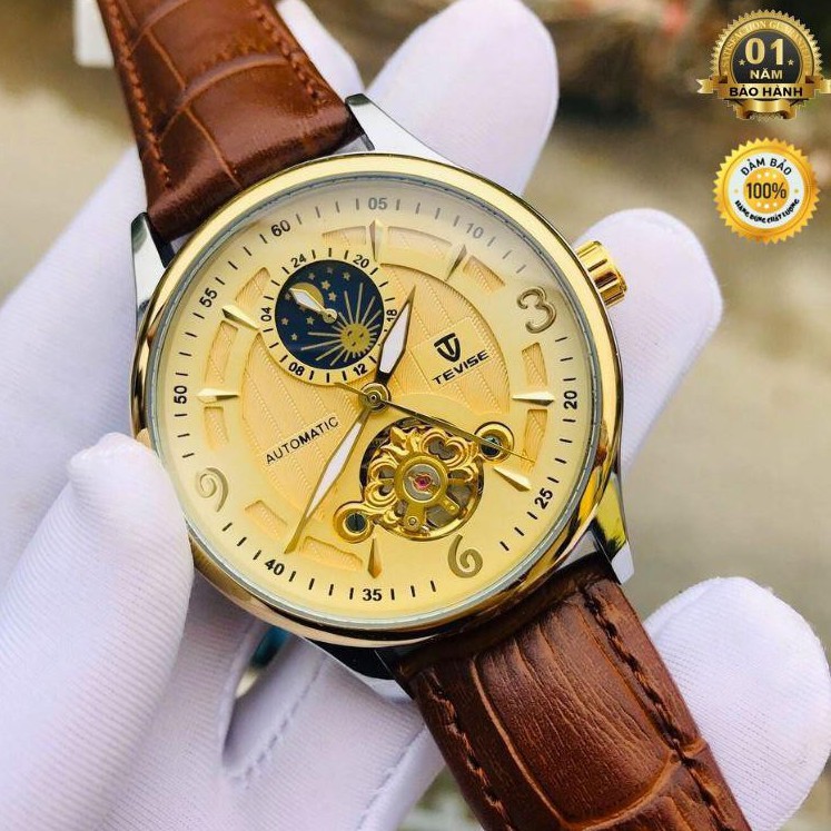Đồng hồ nam automatic dây da bọc su cực bền hiệu tevise chính hãng