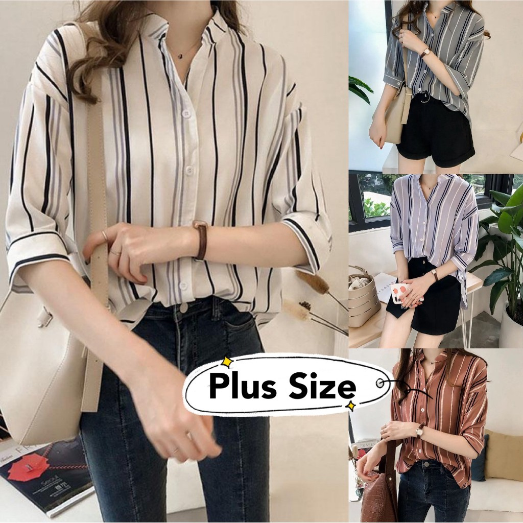 Áo Sơ Mi Chiffon Cổ Chữ V Plus Size / 40-100kg Họa Tiết Kẻ Sọc Thời Trang Công Sở Cho Nữ