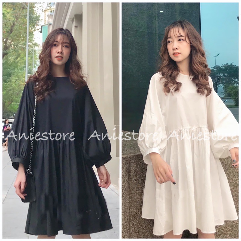 Đầm Babydoll Trơn Dáng Suông Tay Bồng 2 Màu