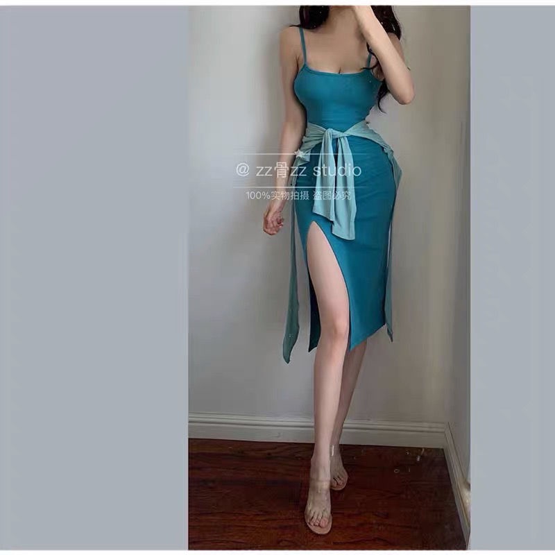Spot New Arrivals European and American Sexy Femininity Showing Breasts and Showing Body Dress Suit Long Sleeve Waist Shawl Bag Hip Sling Long Skirt Single Piece/Set Z4