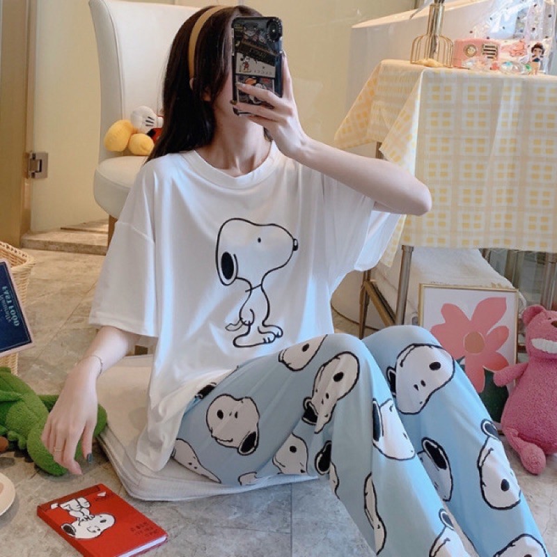 Đồ bộ thun cotton quần dài, đồ mặc ở nhà Quảng Châu, pijama họa tiết hoạt hình dễ thương