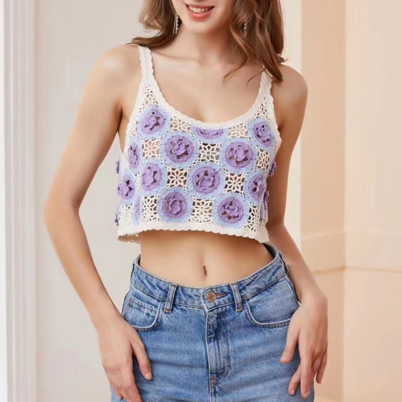 Brroa Áo Croptop Dệt Kim Không Tay Họa Tiết Hoa Tròn Màu Sắc Tương Phản Thời Trang Mùa Hè Cho Nữ