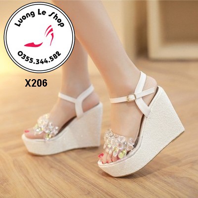 Sandal đế xuồng 12cm đế nhũ quai trong đính hoa đá 4 màu trắng hồng vàng bạc ms X206