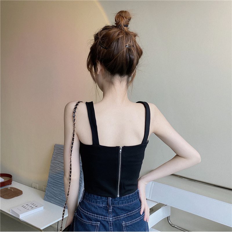 Áo croptop hai dây bản to khóa kéo sau