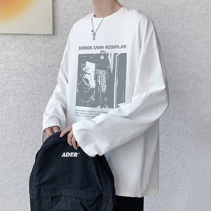 Áo Thun Tay Dài Dáng Rộng In Họa Tiết Hoạt Hình Phong Cách Hip Hop Hàn Quốc Thời Trang Cho Nam Và Nữ size M-5XL