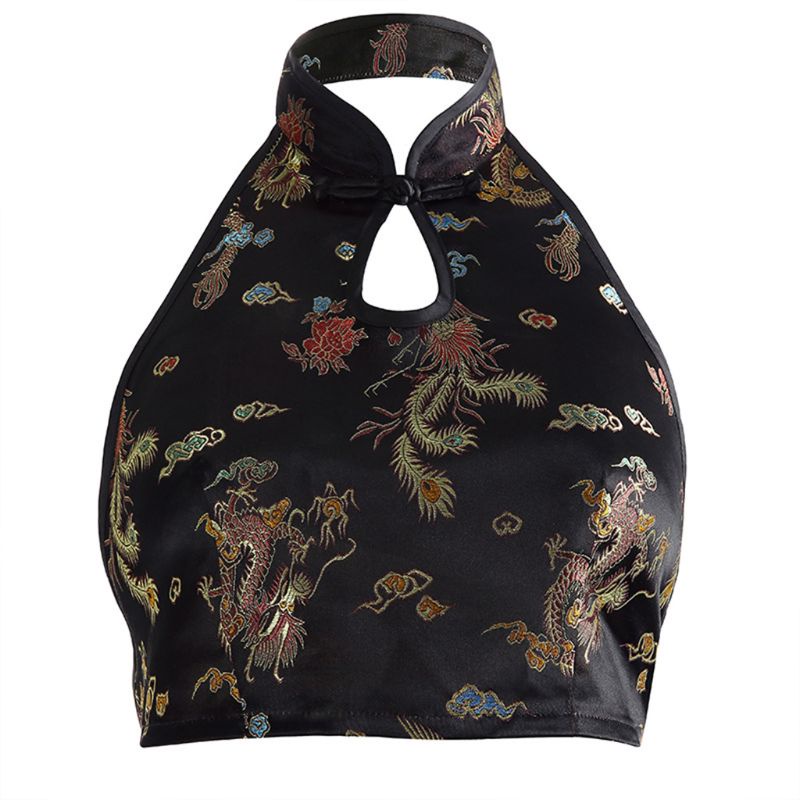 Áo Croptop Sát Nách Hở Lưng Thêu Hình Rồng Kiểu Trung Hoa Dễ Thương Cho Nữ