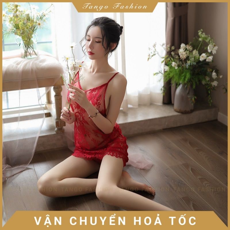 Váy ngủ sexy xuyên thấu, Đầm ngủ hai dây ren kèm quần chip lọt khe, đồ mặc nhà gợi cảm