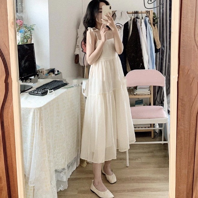 Đầm - váy hai dây voan tơ buộc nơ vai 2 lớp phong cách ulzzang Hàn Quốc
