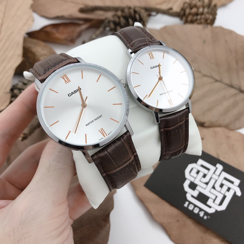 Đồng hồ cặp Casio MTP-VT01L-7B2 / LTP-VT01L-7B2 dây da, chống nước, hàng chính hãng