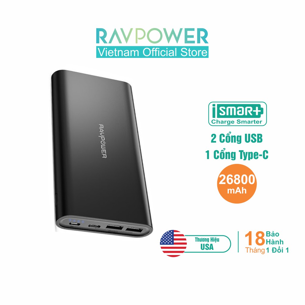 [Mã ELTECHZONE giảm 5% đơn 500K] Pin Sạc Dự Phòng RAVPower 26800mAh 15W Cổng In/Out Type-C, RP-PB067:Black