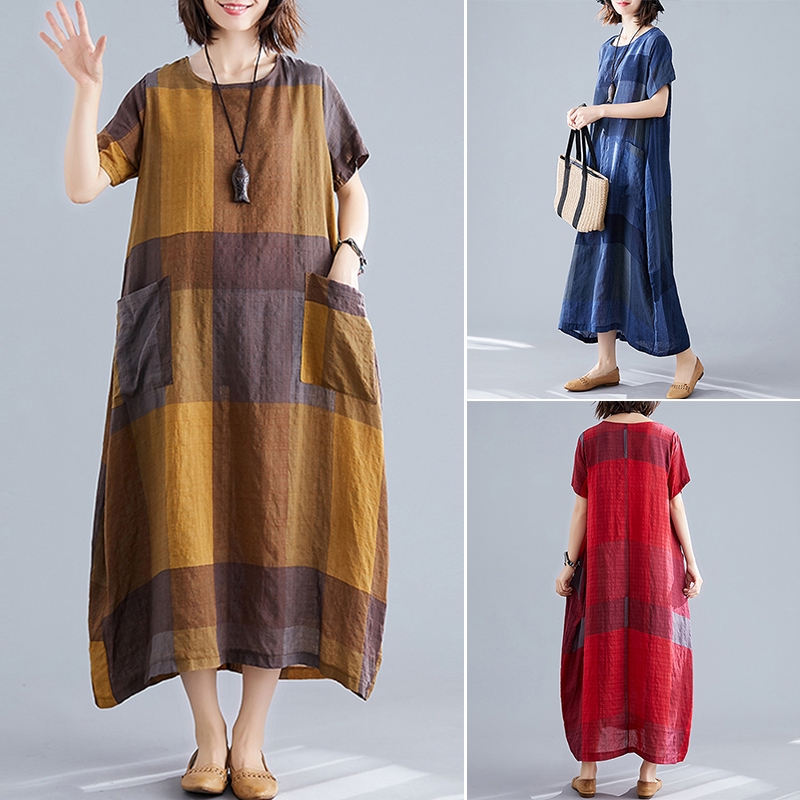 Đầm Maxi ZANZEA Tay Ngắn Họa Tiết Caro Cổ Điển Đơn Giản Cho Nữ