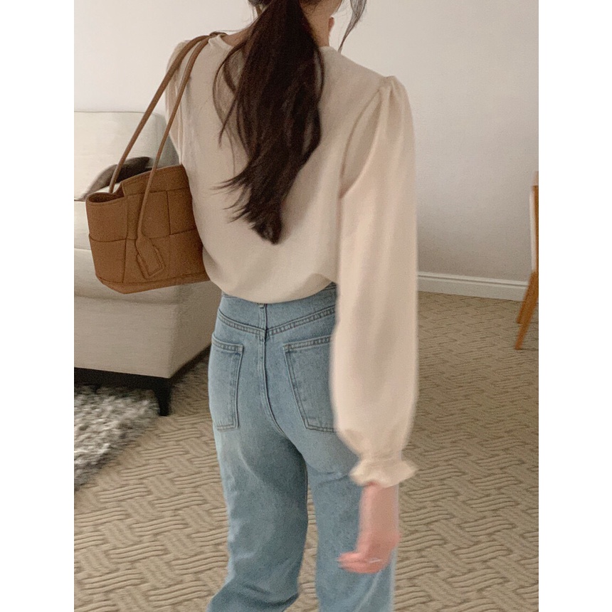 Áo Sơ Mi Tay Dài Phồng Cổ Tròn Màu Sắc Đơn Giản Thời Trang Mùa Hè Cho Nữ