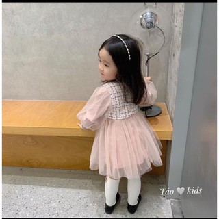 VÁY DẠ KẺ HỒNG PHA REN CHO BÉ GÁI
