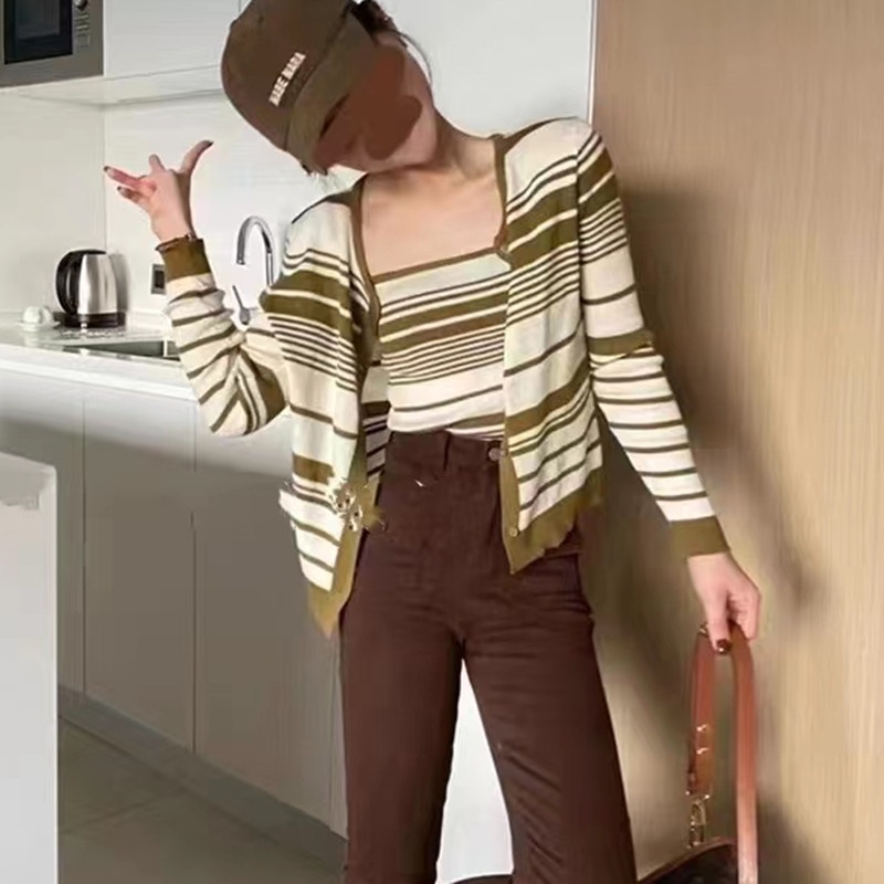 SUXI Áo Cardigan Dệt Kim Hai Mảnh Dáng Ôm Kẻ Sọc Thời Trang Mùa Thu Phong Cách Hàn Quốc Cho Nữ