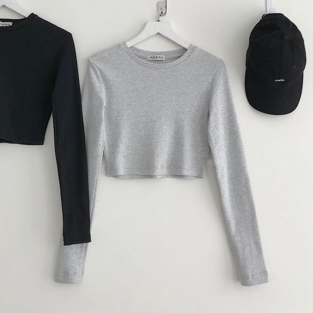 AB HOUSE - Áo croptop nữ trơn tay dài SLIPPER gân tăm dáng ôm