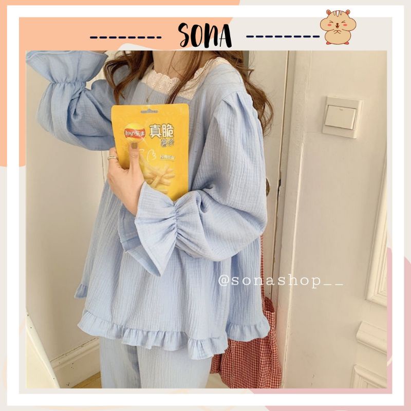 Bộ ngủ dài tay tiểu thư xinh xắn SN13 (sẵn 1 bộ size XL be họa tiết quả đào)