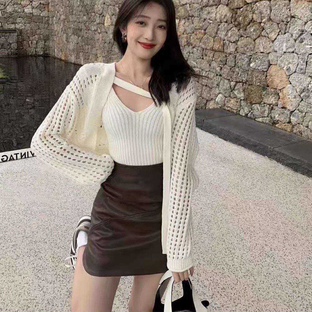 Set cardigan 2 món len lưới dây khuy Hàng QC SĐ04