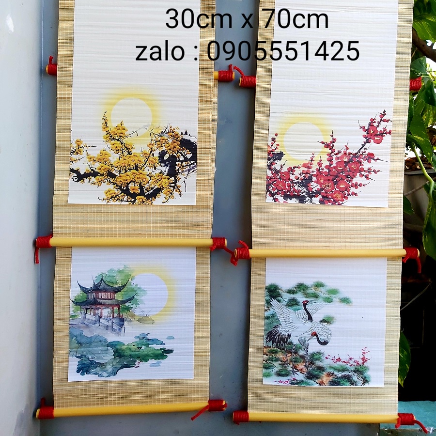 Bộ 4 mành tre viết thư pháp 30cm x 70cm .Giấy, biểu lụa viết thư pháp. Câu Đối. Tranh trang trí tết